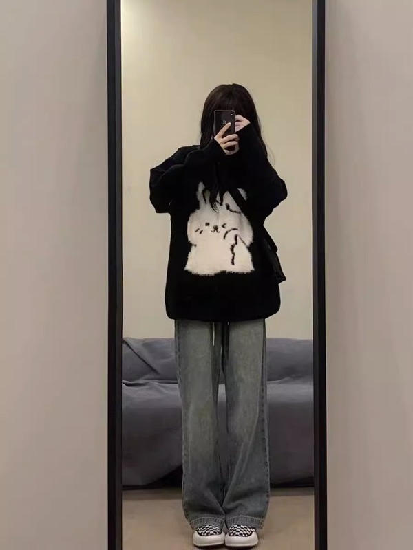 超可爱！慵懒风黑色兔子套头毛衣女秋装新款宽松长袖针织衫上衣潮|undefined