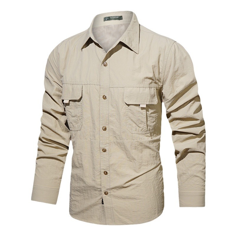 Camisas impermeables de secado rápido al aire libre multi-bolsillos herramientas de hombre con solapa de manga larga camisa casuales de color sólido para hombres de mediana edad