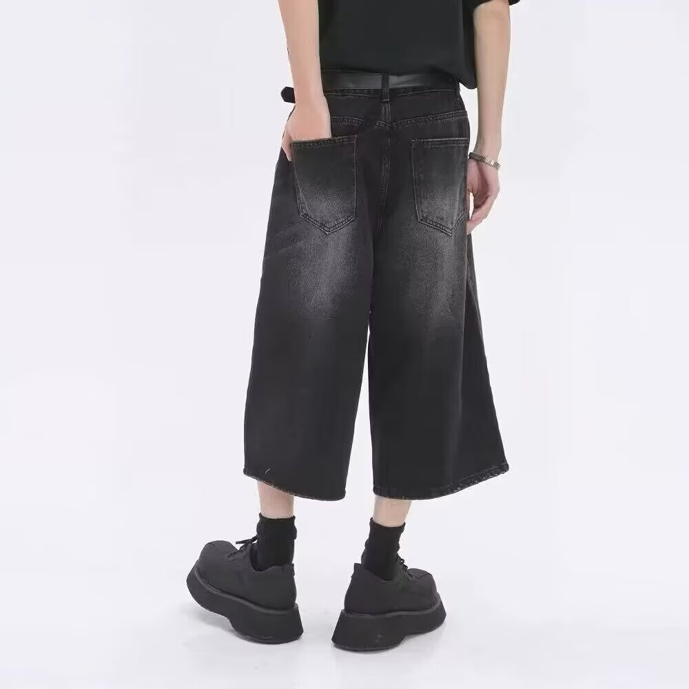 Jeans da uomo retrò lavati a gamba larga, cropped, pantaloncini in denim vintage per l'estate, vestibilità dritta, stile casual unisex, blu scuro, nero, blu classico_voghion.com