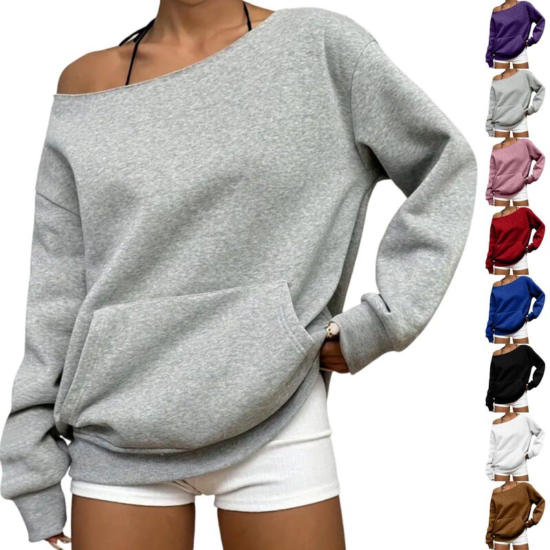 2026 Autumn and Winter Season Styles Cross-Border European and American Amazon Comfortable Commuting Personalized Pullover Round Neck One-Shoulder Sweatshirt 2026 Autumn and Winter Season Styles Cross-Border European and American Amazon Comfortable Commuting Personalized Pullover Round Neck One-Shoulder Sweatshirt