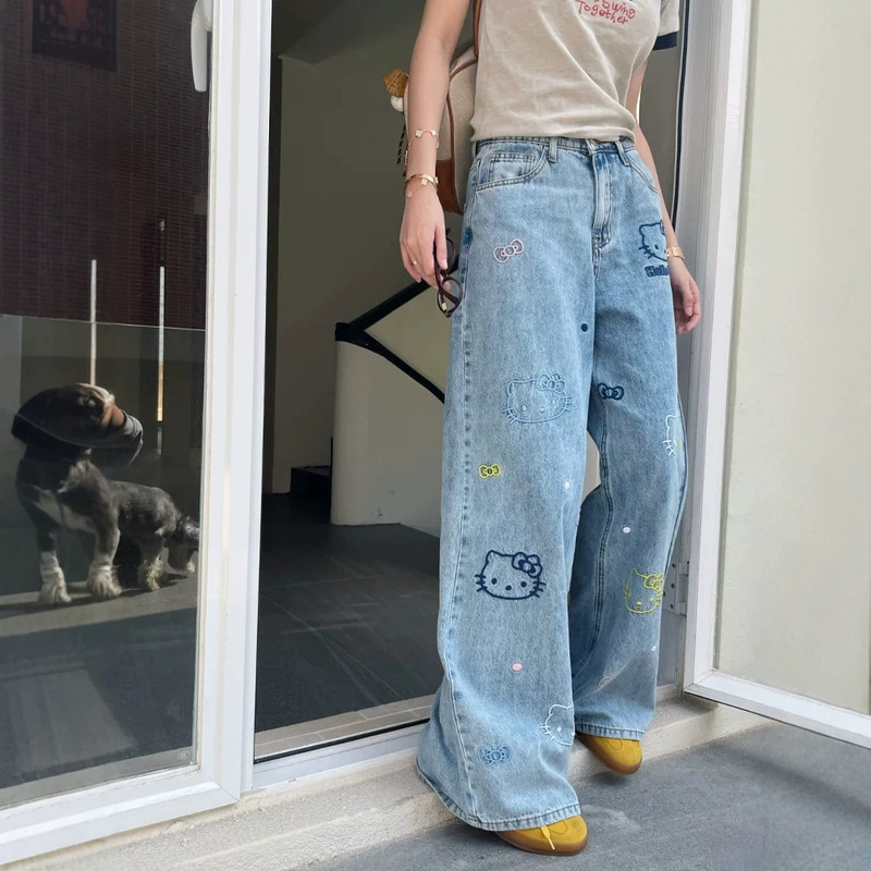 Fun and Unique Cartoon Kt Cat Colorful Embroidered Jeans for Women, 2026 Summer New Design Straight Wide-Leg Pants