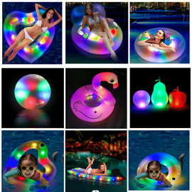 新品LED炫彩灯浮排PVC充气夜光游泳圈防水发光球单人浮床水泡