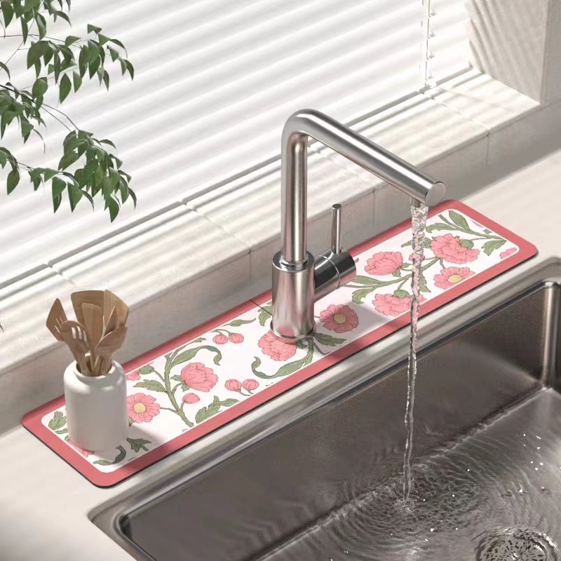 小清新硅藻泥沥水垫厨房水龙头防溅挡水台面垫花卉洗手间浴室通用