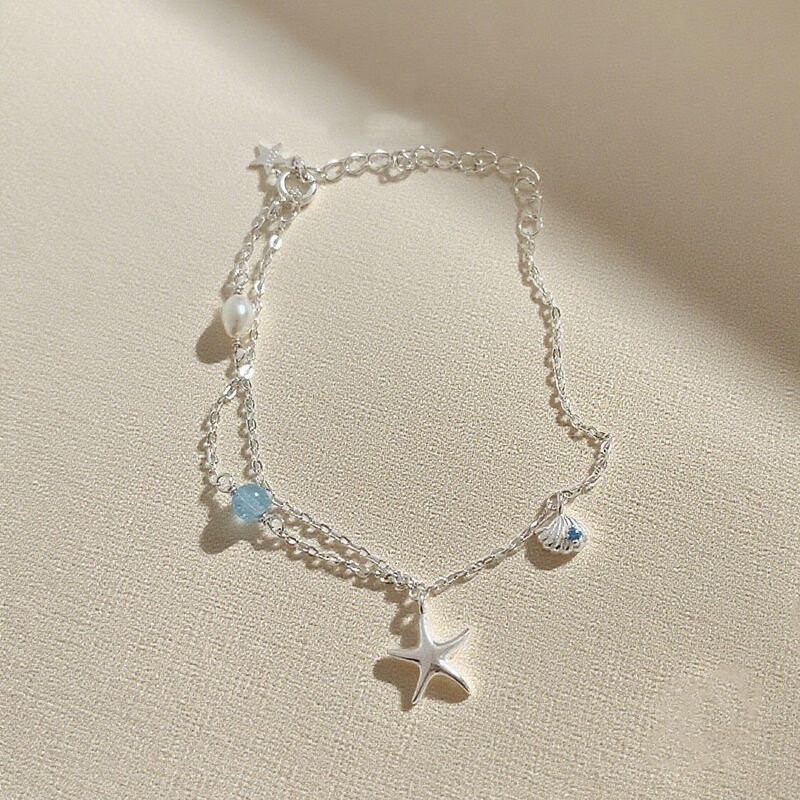 Ocean-Themed Summer Starfish Bracelet with Fashionable Glass Pendant, Whale Charm, and Pentagram Design, Featuring a Unique Niche Style