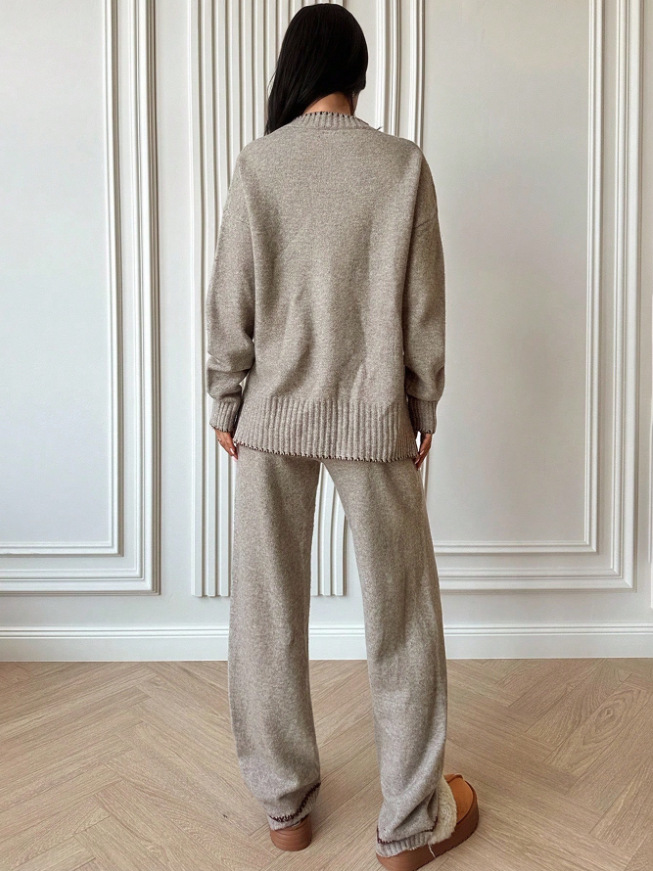 Ensemble pull ample et décontracté à manches longues et col rond pour femme, composé d'un haut et d'un pantalon. Finitions colorées. Idéal pour l'automne et l'hiver._voghion.com