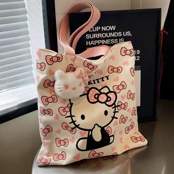 26 New Models of Kitty Cat Portable Lightweight Large-Capacity Cartoon Shopping Bags for Daily Commuting, Ins-Style Single-Shoulder Canvas Bags
