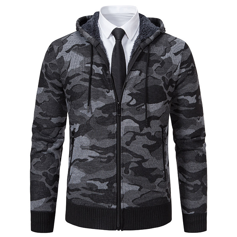 Cross-Border New Autumn Trendy Camouflage Knitwear Men's Middle-Aged Velvet Cardigan Knitwear Hooded Jacket Knitwear Jacket