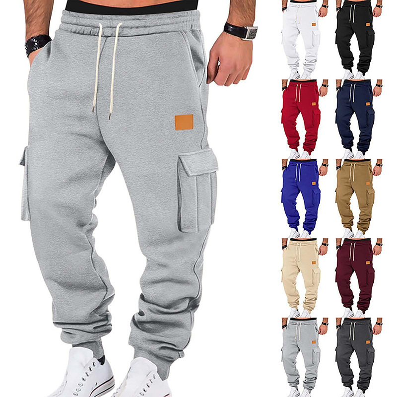 Trendy Leather Label Design Work Casual Pants for Men Cross-Border Amazon Foreign Trade Multi-Pocket Drawstring Versatile Long Pants