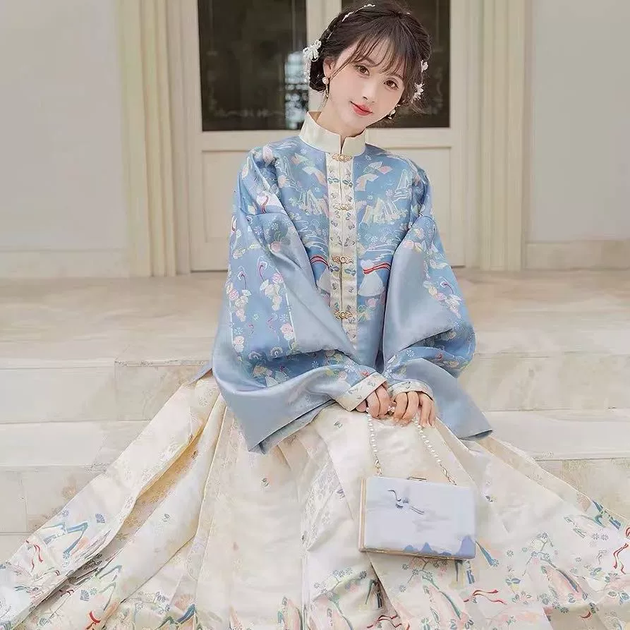 Женский костюм ханьфу в стиле династии Мин, воротник-стойка в стиле династии Мин «Северное сияние», с разрезом спереди, рукава-пипа, юбка с принтом, комплект юбка-мамьян, этнический стиль.