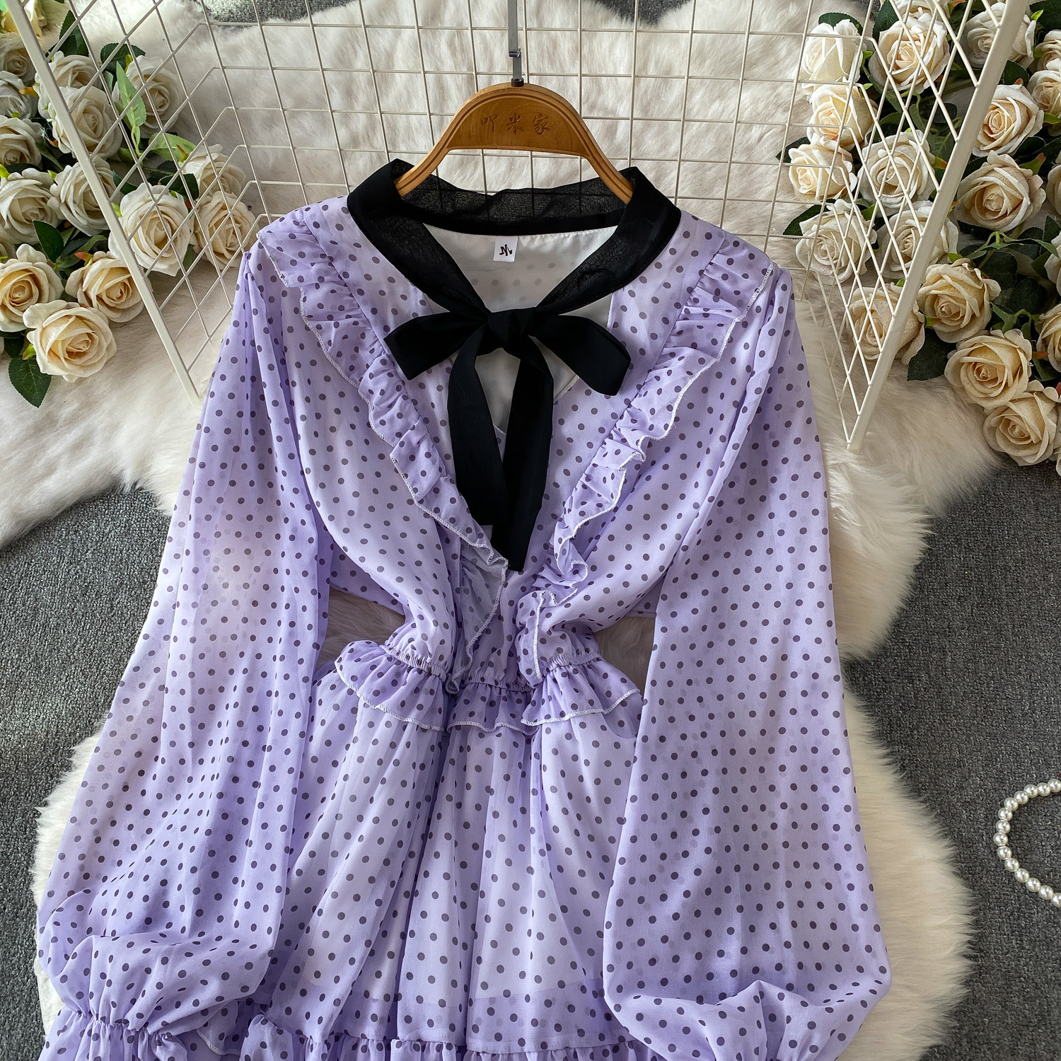 Women's French Sweet Color Block Bow V Neck Long Sleeve Dress Summer Polka Dot Ruffle Hem Elegant Long Skirt_ecoleips.com