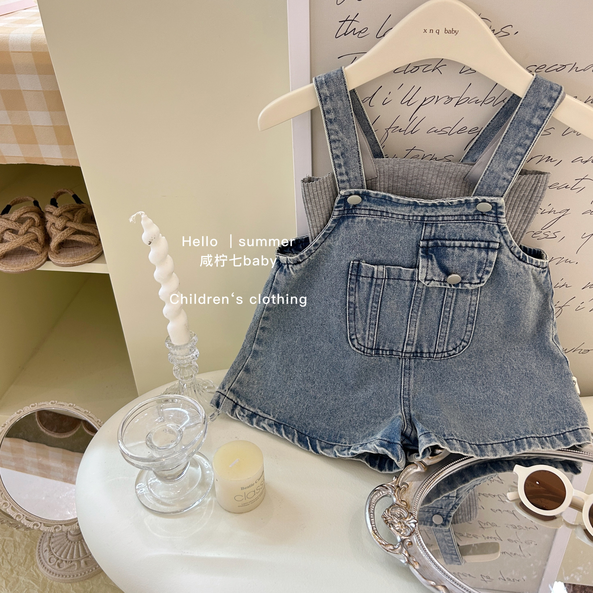 Children's Korean style pants, small and medium-sized children's baby denim strap shorts vest two-piece suit, boys and girls' versatile pants