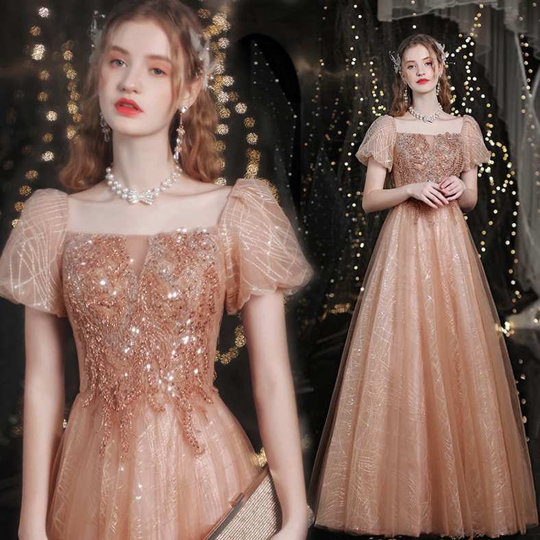 Golden Evening Dress with Puff Sleeves, Birthday Princess Dress, Solo Performance Outfit, 2026 New Model, Banquet Runway Evening Dress for Women Golden Evening Dress with Puff Sleeves, Birthday Princess Dress, Solo Performance Outfit, 2026 New Model, Banquet Runway Evening Dress for Women