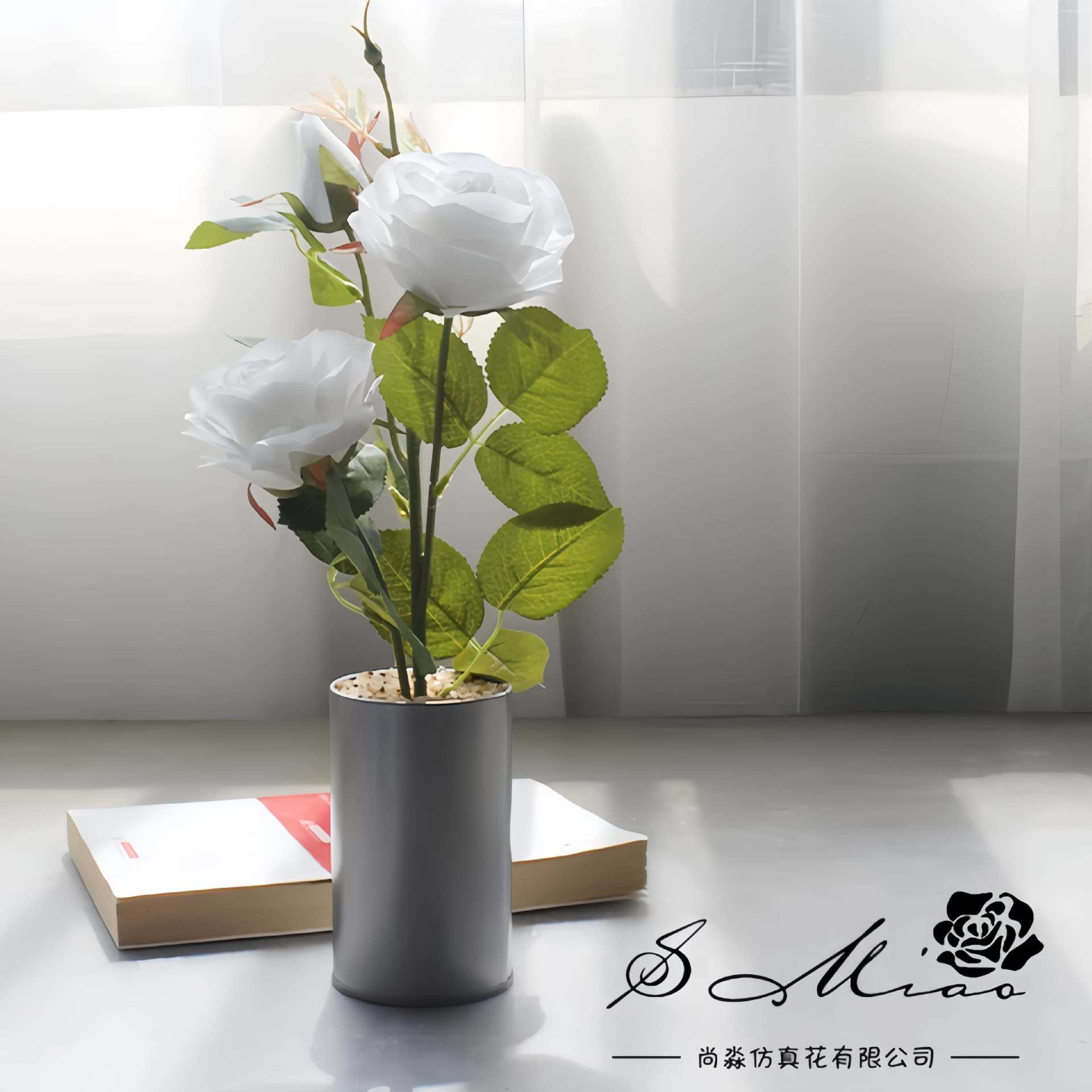 Flores simuladas de tres cabezas de rosa pequeña decoración creativa bonsai fábrica de decoración directa para plantas verdes artificiales falsas macetas simuladas image 7