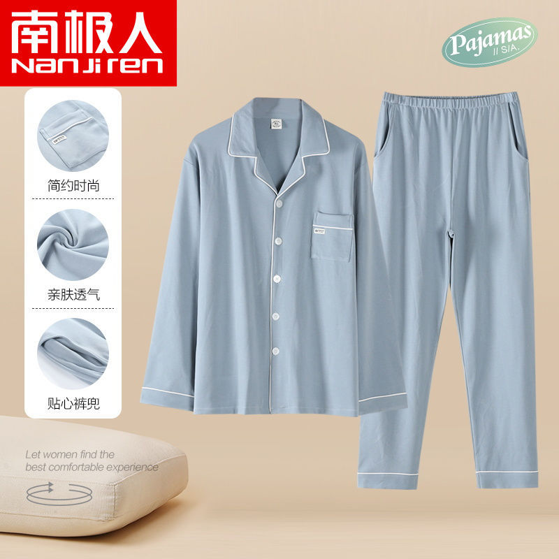 100% pijamas de algodón de primavera y otoño de los hombres de manga larga de solapa más tamaño traje de algodón para el hogar
