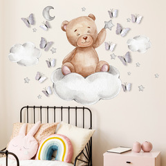 新款卡通小熊月亮雲朵兒童房裝飾牆貼加12隻3D立體白色紋理蝴蝶貼