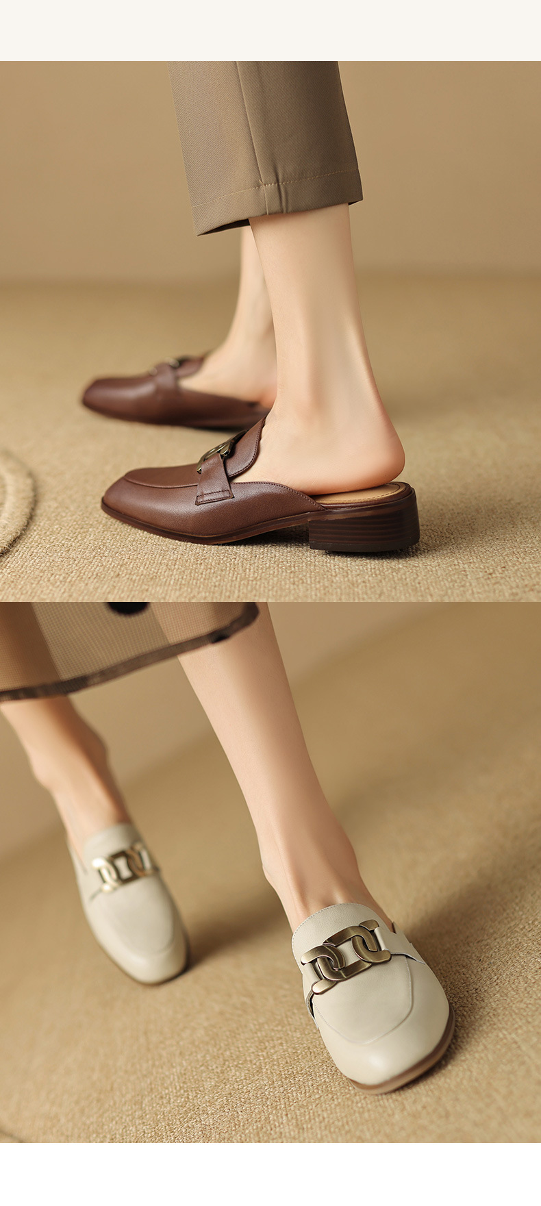 Giày mule nữ da bò mũi nhọn gót thấp 2 cm — Màu đen chi tiết 10