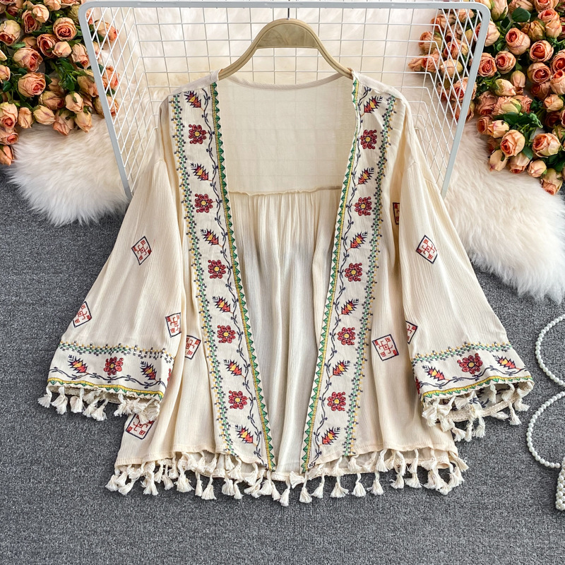Dames bohemian artistieke retro chiffon cardigan zonder kraag, losvallend kanten shirt, lente 2023, gratis verzending_voghion.com