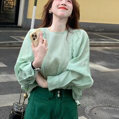 法式绿色圆领长袖防晒衬衫女2025夏季新款今年流行的独特漂亮上衣
