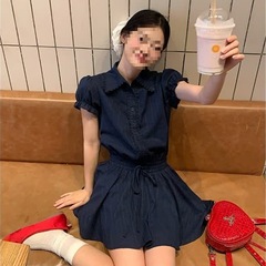 藏青色学院风短袖衬衫连衣裙女夏季巨看韩系小个子腰短裙子