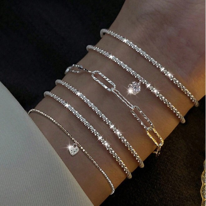European and American Cross-Border Best-Selling Exquisite Gold and Silver Sparkling Zircon Bracelet Set with Starry Chain Bracelet Set of 6 Pieces