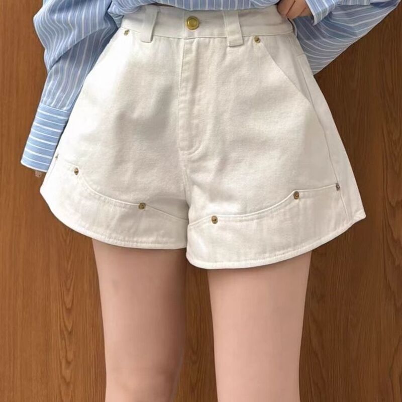 Summer High-Waisted Denim Shorts for Women, One-Button A-Line Wide-Leg Pants with Rivet Design, White Wide-Leg Pants Summer High-Waisted Denim Shorts for Women, One-Button A-Line Wide-Leg Pants with Rivet Design, White Wide-Leg Pants