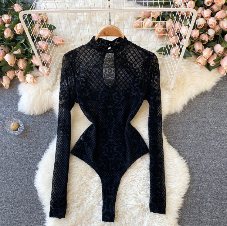 Mono de una pieza sexy ver a través de manga larga Slim bottoming Top jumpsuit