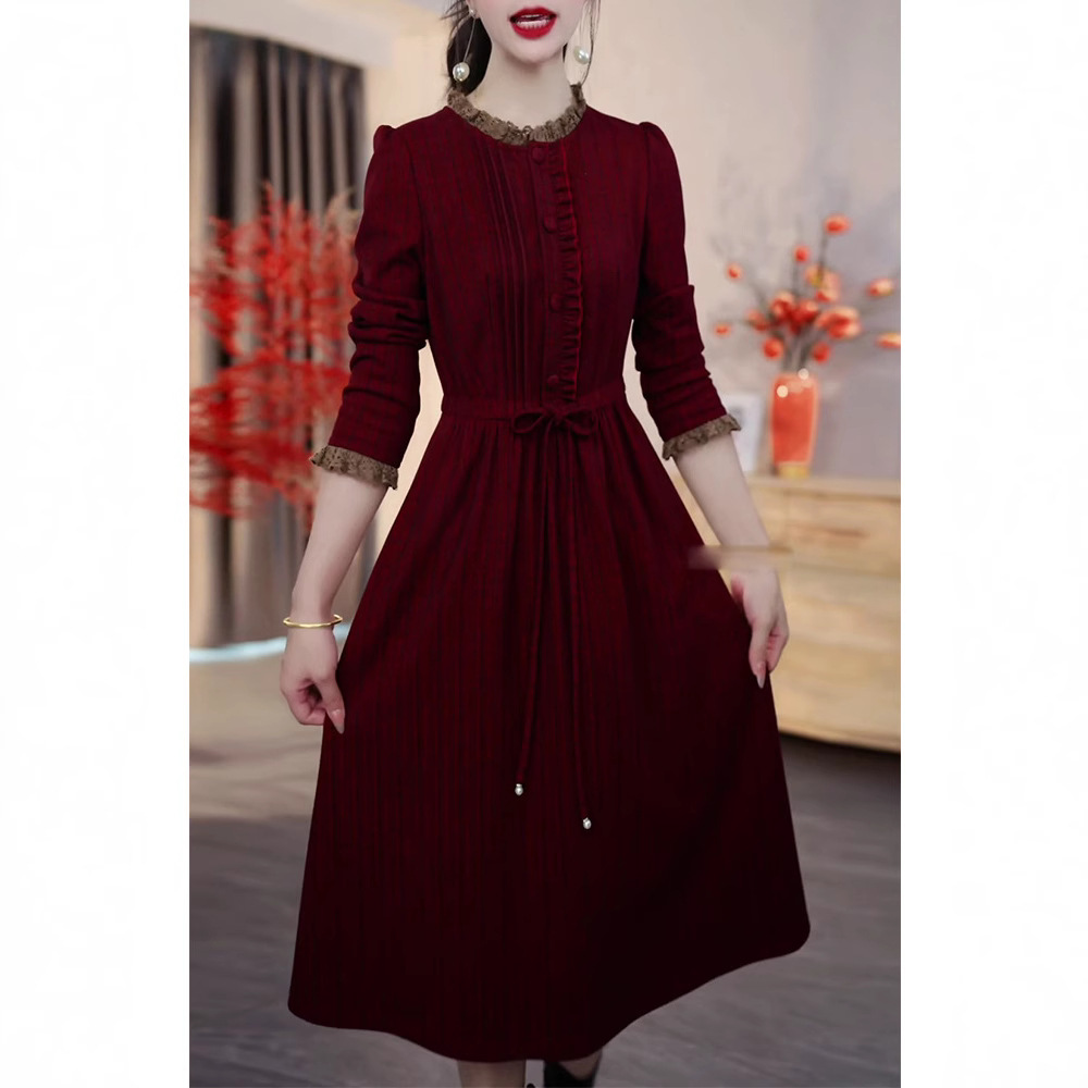 2025 New Autumn and Winter Mother-Style Wedding Banquet Dress Skirt Guangzhou Thirteen Lines Long-Sleeved Flesh-Covering Dress for Women
