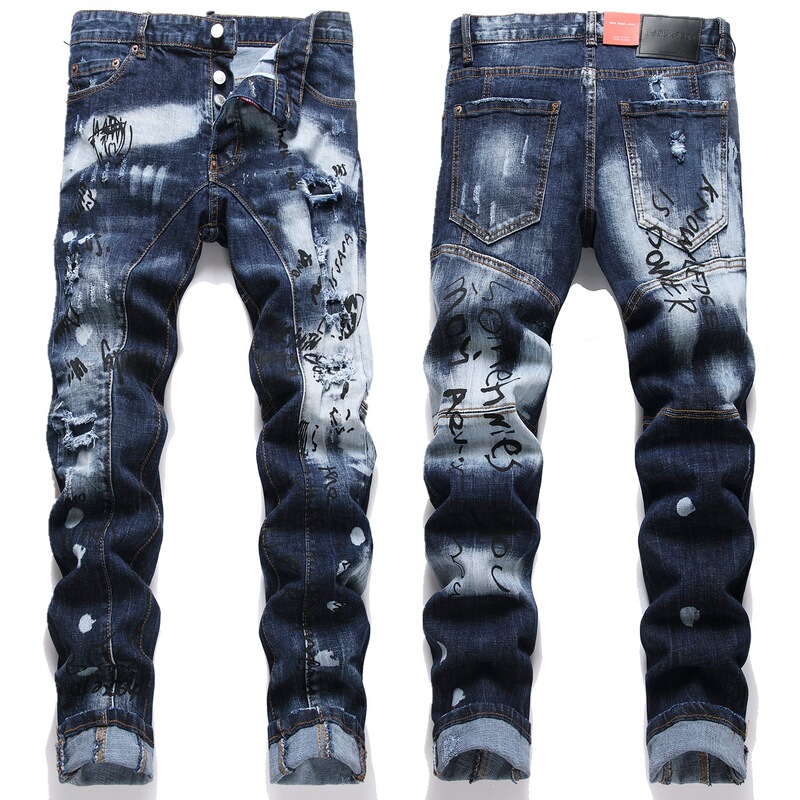 High Version Am Export Style Punk Retro Blue Ripped Slim Stretch Printed and Dyed Men's Jeans Trendy