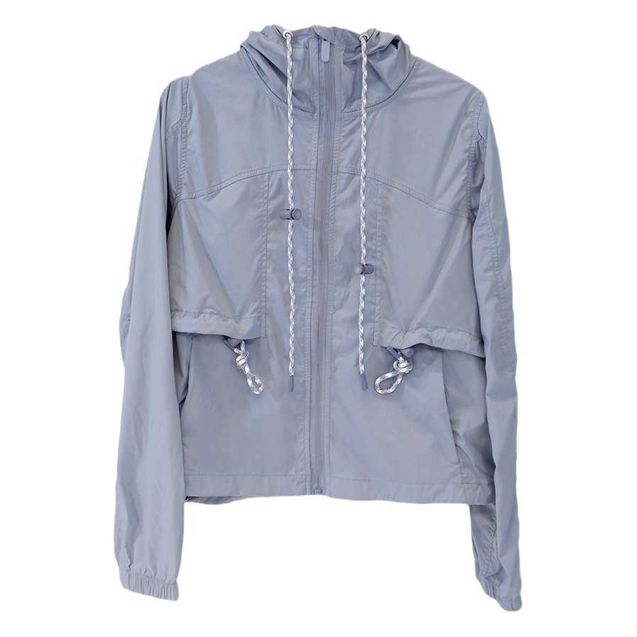Summer new women's slimming camping loose short sun protection jacket hooded ice silk long sleeve UV-resistant