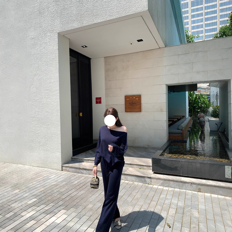 7659韩版慵懒风秋季新款设计感辣妹斜肩针织上衣松驰感阔腿裤套装|undefined