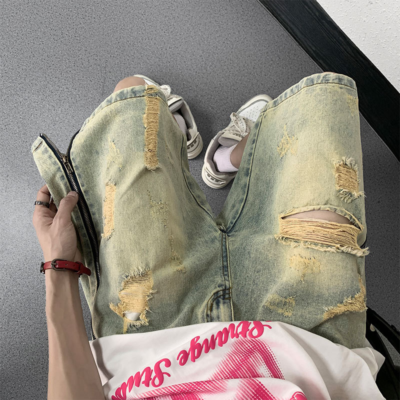 American Style Retro Side Zipper Yellow Mud Hole Denim Shorts Men's Summer Loose Wide Leg Pants High Street Trendy Brand