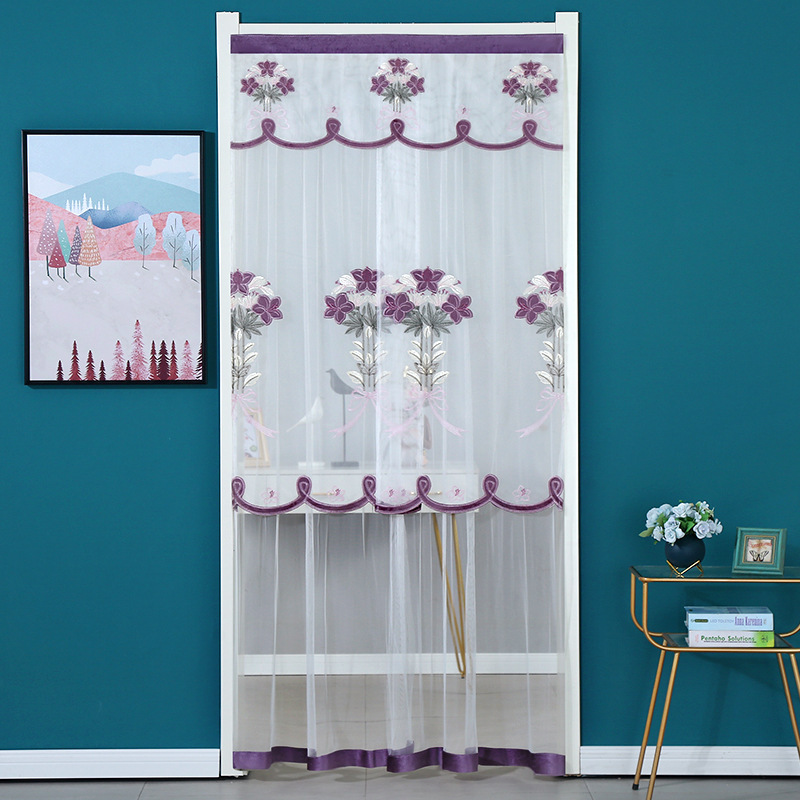 Manufacturer Wholesale Door Curtain Lily Embroidered Double-Layer Gauze Anti-Mosquito Silent Gauze Curtain Embroidered Bedroom Living Room Partition Decoration
