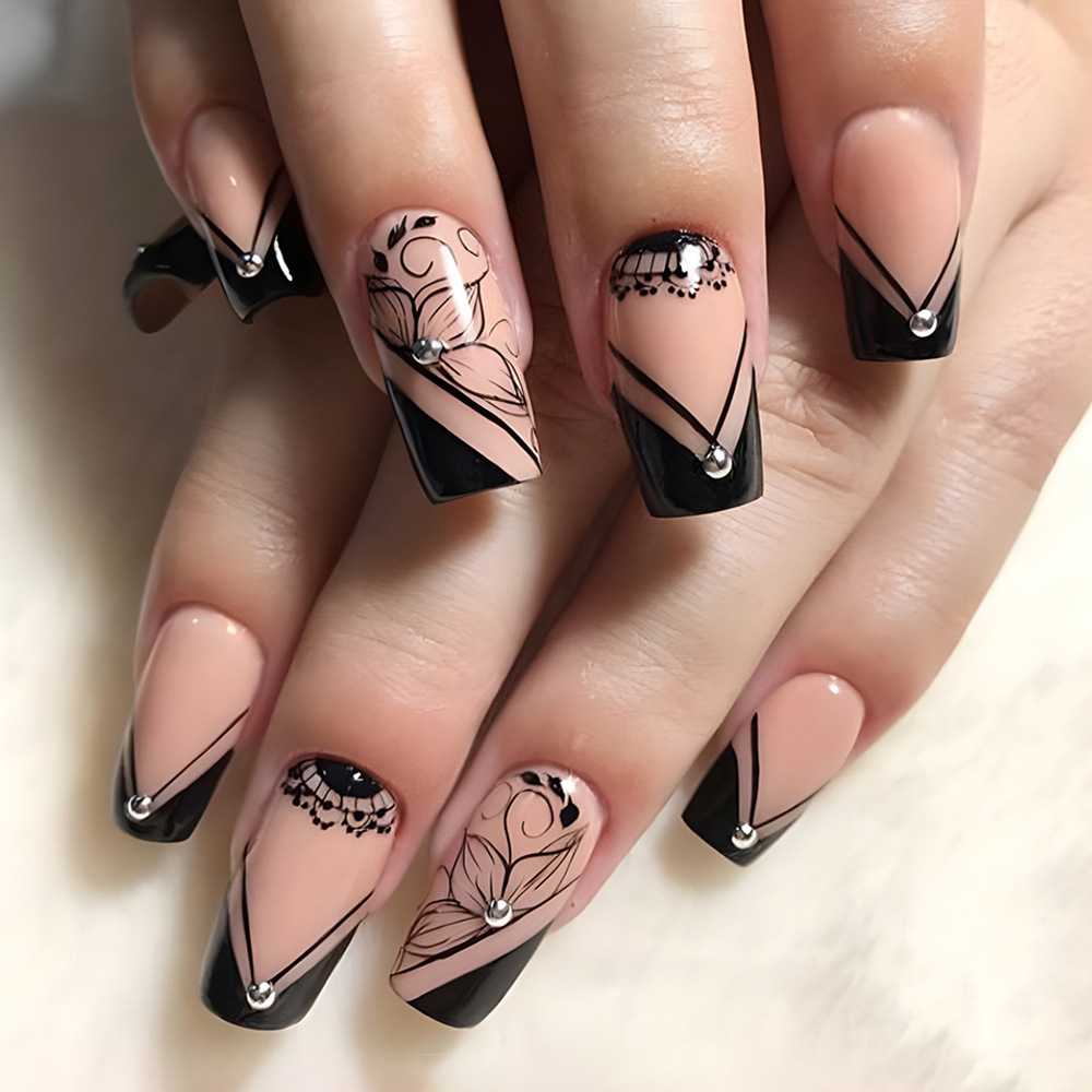 Ropa de uñas de venta caliente larga de comercio exterior, patrón francés geométrico negro, uñas de diamantes, uñas postizas europeas y americanas