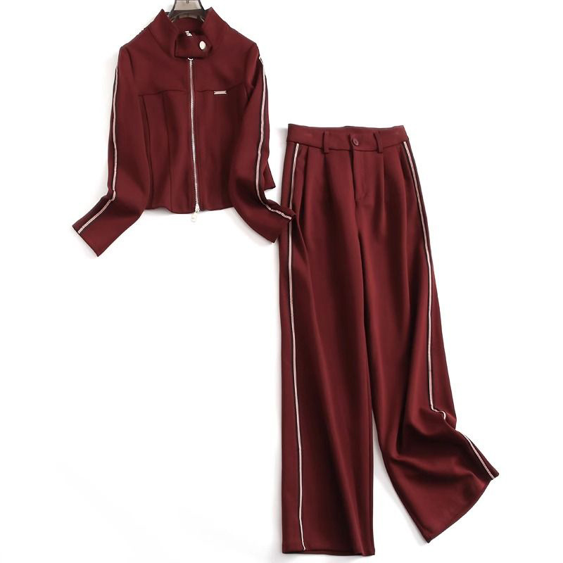 Ankora Red Casual Running Outfit Two-Piece Set Autumn Women's Sports Style Zipper Jacket Straight Pants Trendy Streetwear