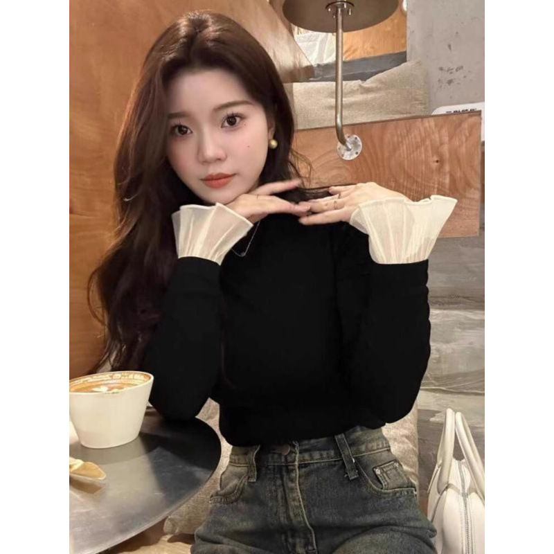 纯欲螺纹260g秋冬装蕾丝拼接半高领打底衫女磨毛韩国外贸外单爆款