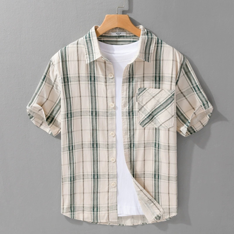Летняя мужская повседневная клетчатая рубашка с короткими рукавами, удобная простая мужская рубашка из чистого хлопка, свободная и универсальная, простая мужская рубашка в японском стиле 980