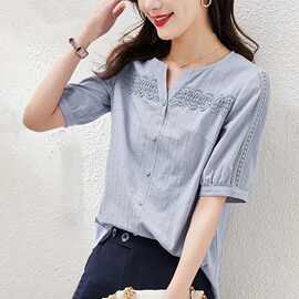 棉衬衣女2023夏季花边织带气质V领短袖衬衫显瘦灯笼袖上衣