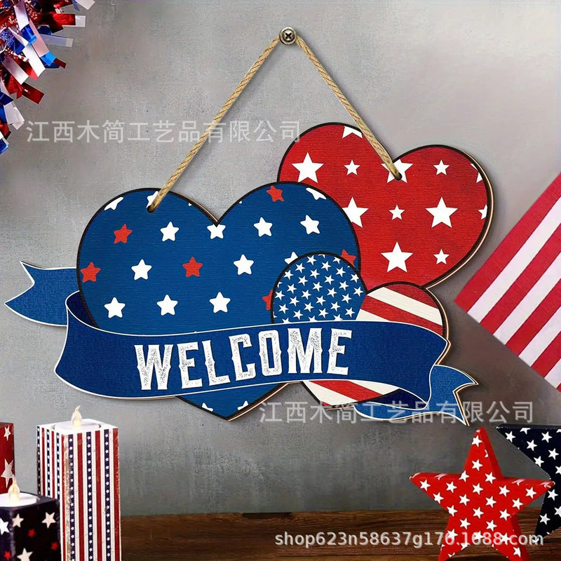 Cross-Border Hot-Selling American Independence Day Wooden Door Sign Decoration Pendant Front Door Decoration Memorial Day Heart-Shaped Cross-Border Hot-Selling American Independence Day Wooden Door Sign Decoration Pendant Front Door Decoration Memorial Day Heart-Shaped