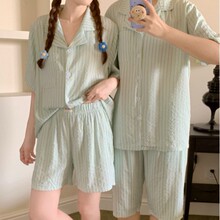 韩国ins女士夏季3色新品情侣新品韩系少女减龄条纹家居服睡衣套装