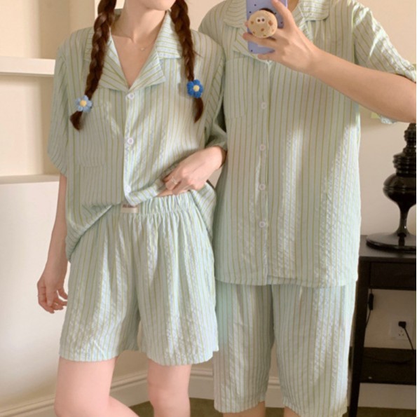 韩国ins女士夏季3色新品情侣新品韩系少女减龄条纹家居服睡衣套装
