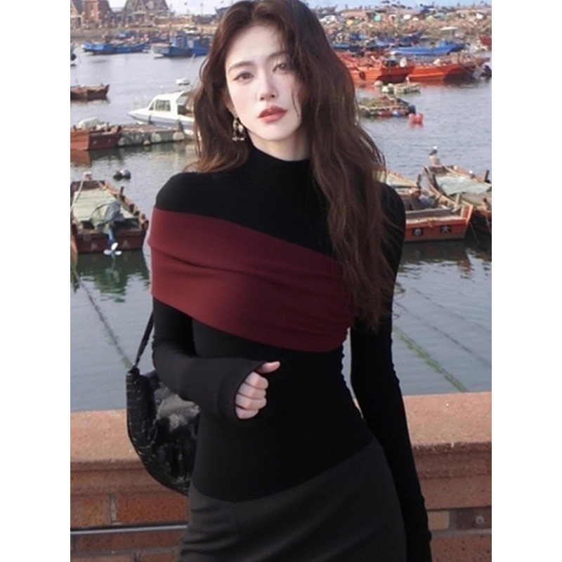 한국계 신상 접합 반목폴라 긴팔 티셔츠 여자 2026 가을 겨울 신상 서양식 슬림핏 날씬해 보이는 베이스 상의