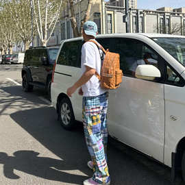 【百家布】春夏季弯刀版型抽绳松紧裤男女同款设计拼接感格子长裤