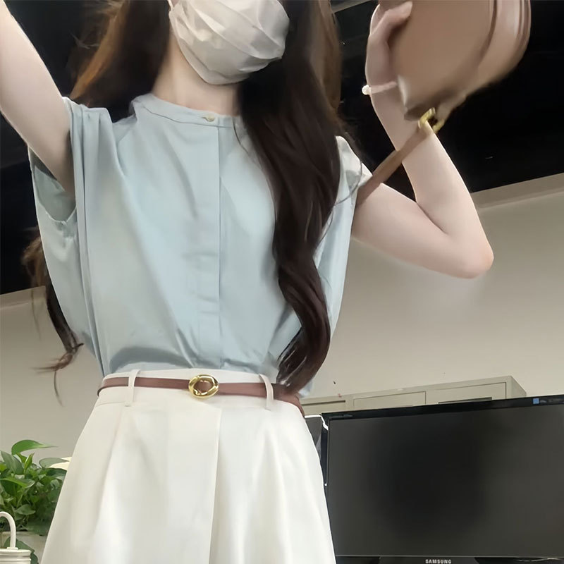 French Summer Beautiful Design Shirt, Versatile Casual Elegant, White Light Blue Small Flying Sleeve Sleeveless Shirt for Women