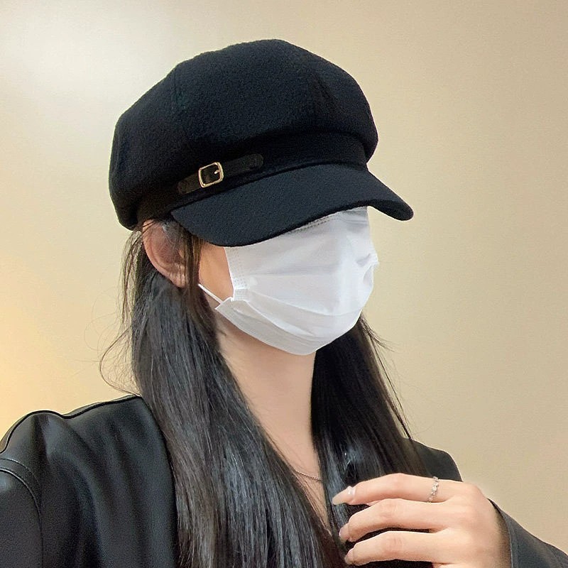 秋冬季鸭舌贝雷帽韩版八角帽子女士显脸小复古英伦毛呢画家报童帽|undefined