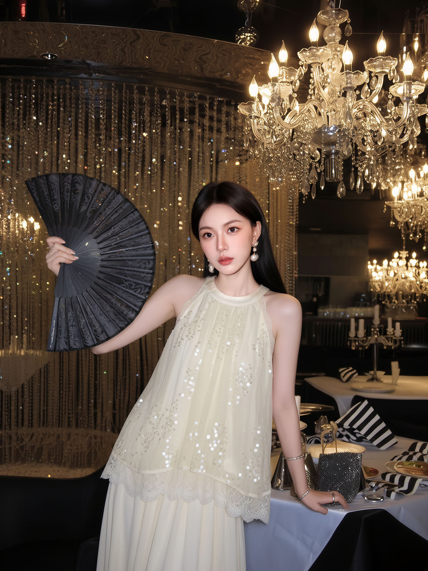 Áo croptop nữ tay ngắn cổ yếm xếp ly đính sequin phối bộ — bộ đồ, nửa váy, Gạo trắng Top