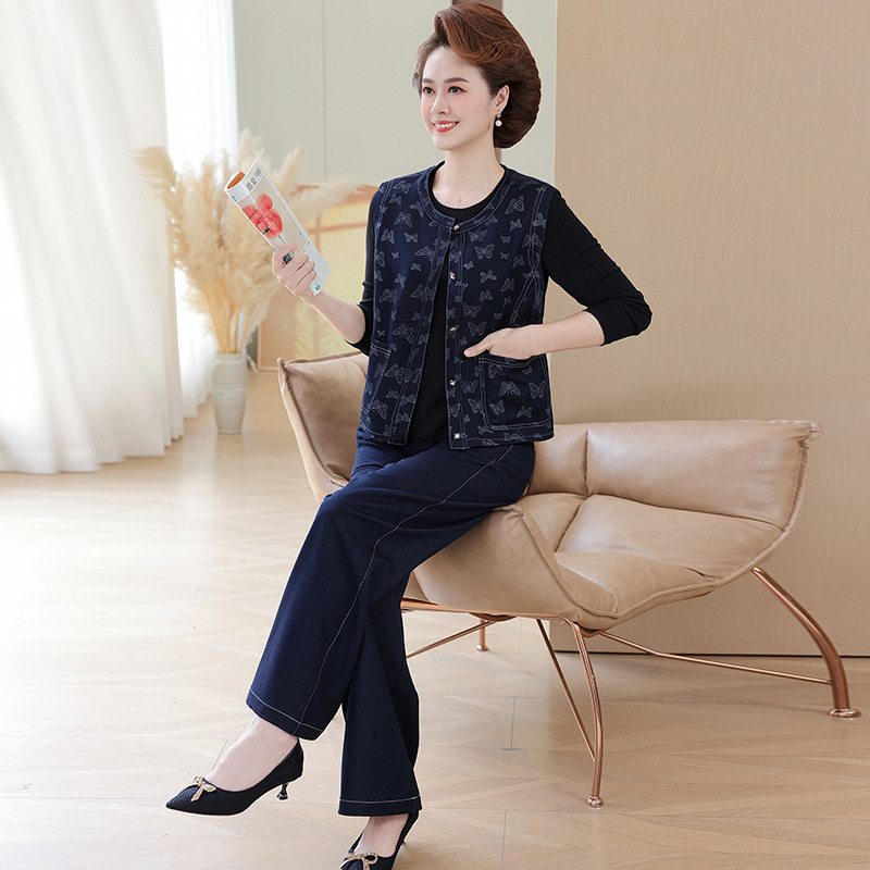 Denim Suit for Female Mothers 2025 New Autum Style, High-End, Slim Vest, Jacket, Wide-Leg Pants Two-Piece Set