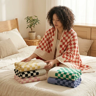 纯棉棋盘格浴巾简约提花加大加厚浴巾成人柔软家用澡巾80*160CM