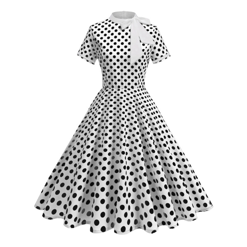 Cross-Border Hepburn-Style Courtly Fresh Color-Block Polka Dot Mid-Length Vintage Amazon Export Dress Gown Cross-Border Hepburn-Style Courtly Fresh Color-Block Polka Dot Mid-Length Vintage Amazon Export Dress Gown