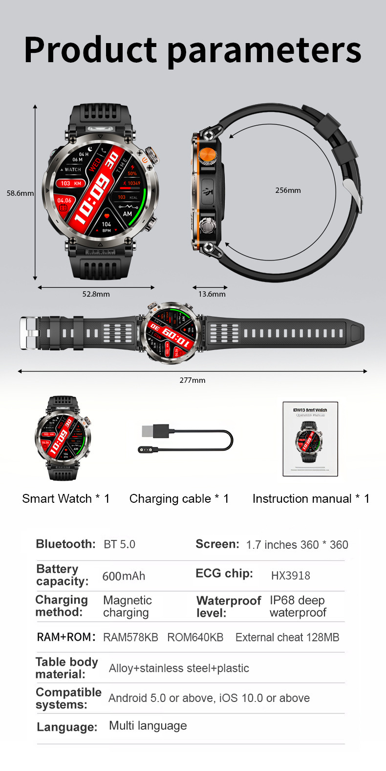 Smartwatch nuovo prodotto per sport all'aria aperta, impermeabile, chiamate Bluetooth, ampio schermo da 1,7", indicatore di frequenza cardiaca e saturazione di ossigeno nel sangue, luce LED._voghion.com