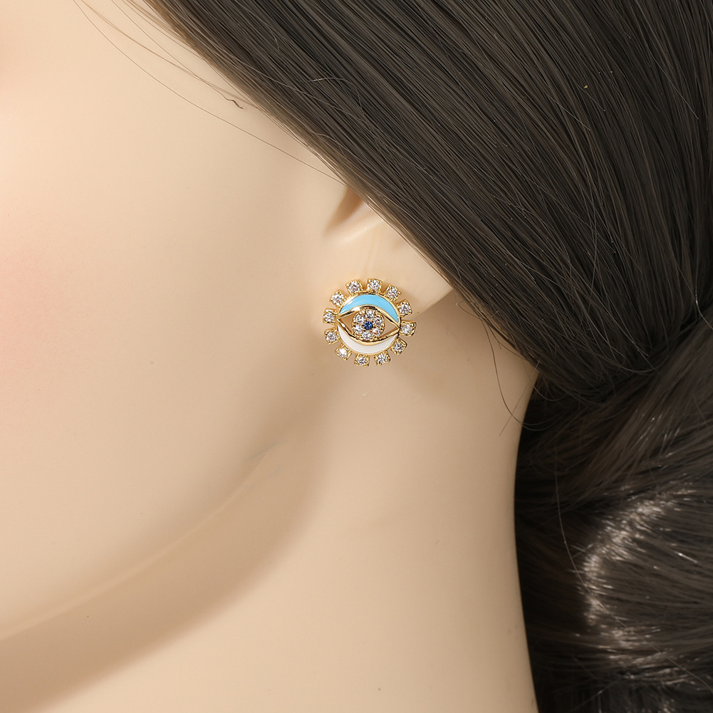 Ethnic Style Geometric Devilu0027S Eye Copper Ear Studs Inlay Zircon Copper Earrings